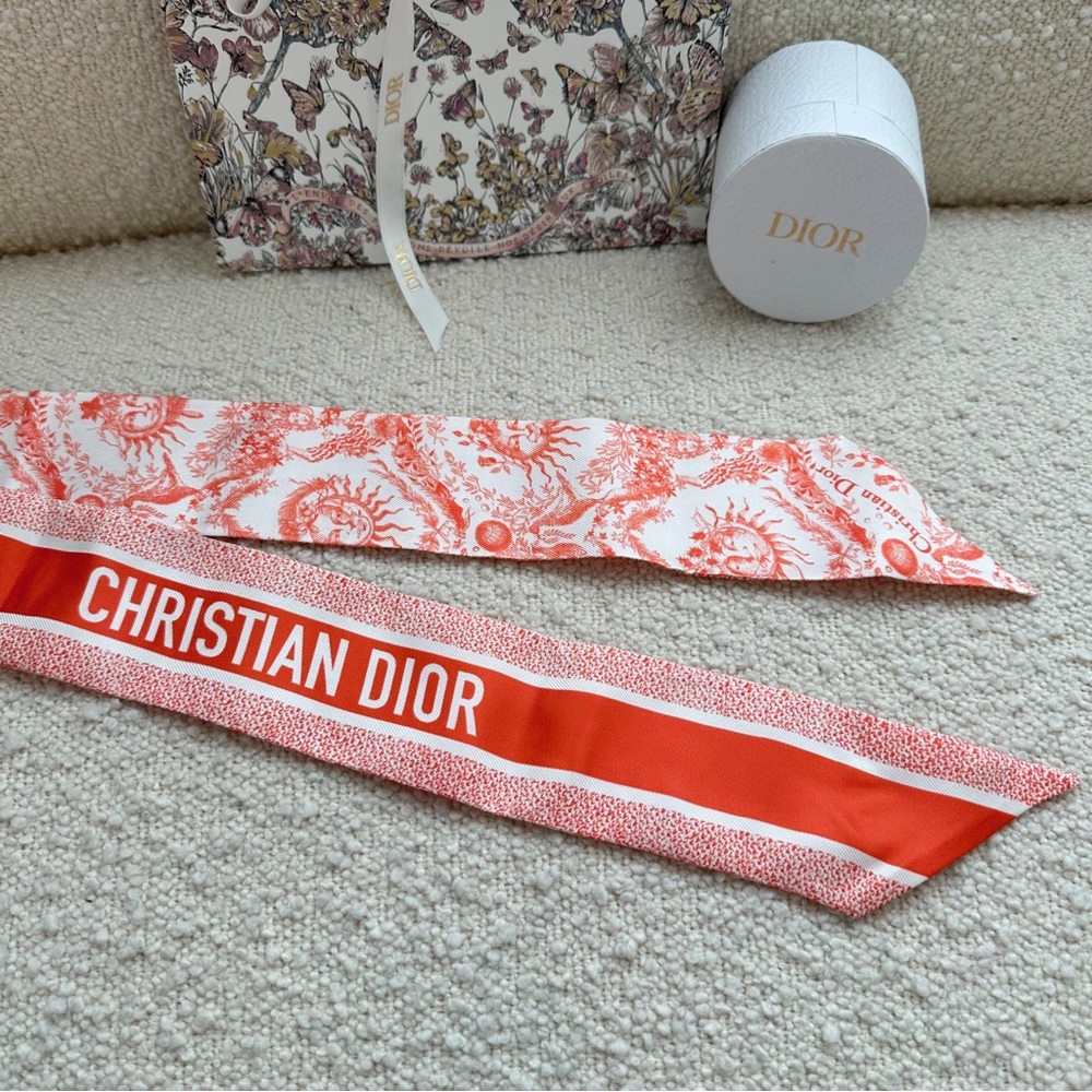 SOLD ❌ Dior Dioriviera Toile de Jouy Soleil Mitzah Silk Scarf | Orange / Coral - Picture 8 of 12